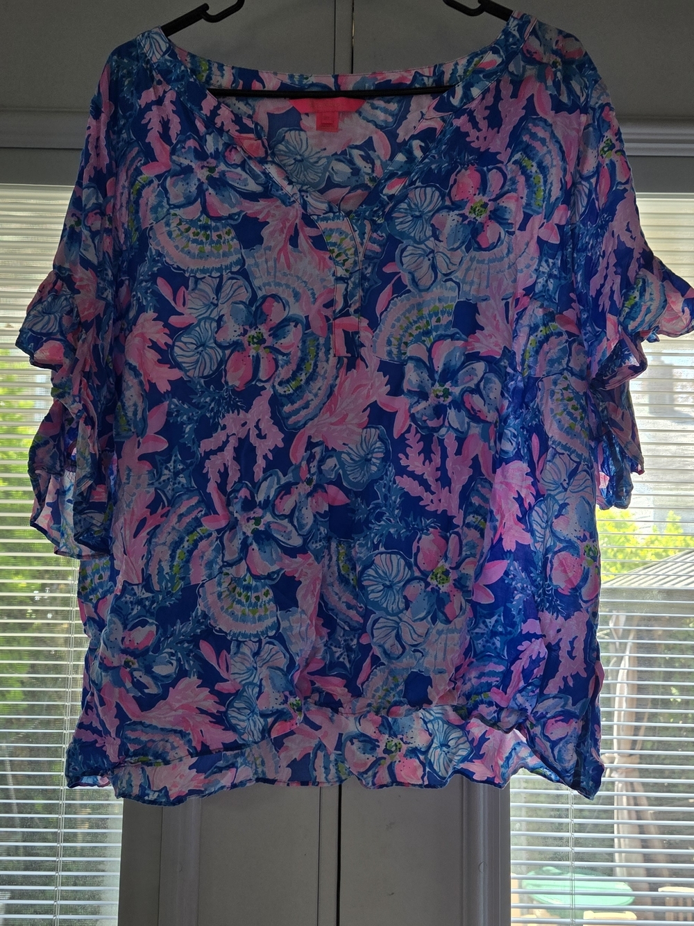 Lilly Pulitzer Blue & Pink Floral Ruffle Sleeve Blouse